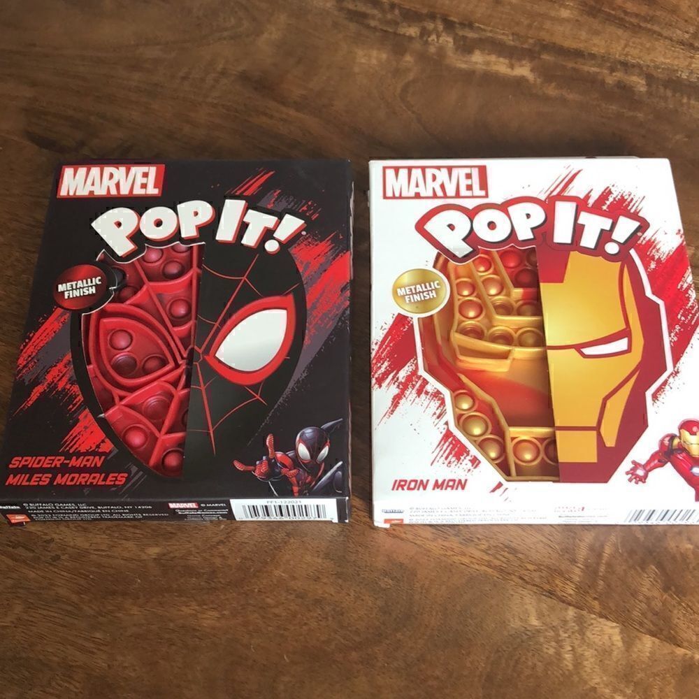Buffalo Games - Pop It! - Spider-Man Marvel Miles Morales and Iron Man Metallic